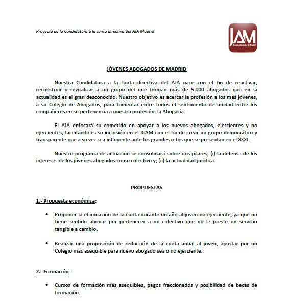 Programa electoral de JAM 2013 a las elecciones AJA del ICAM
